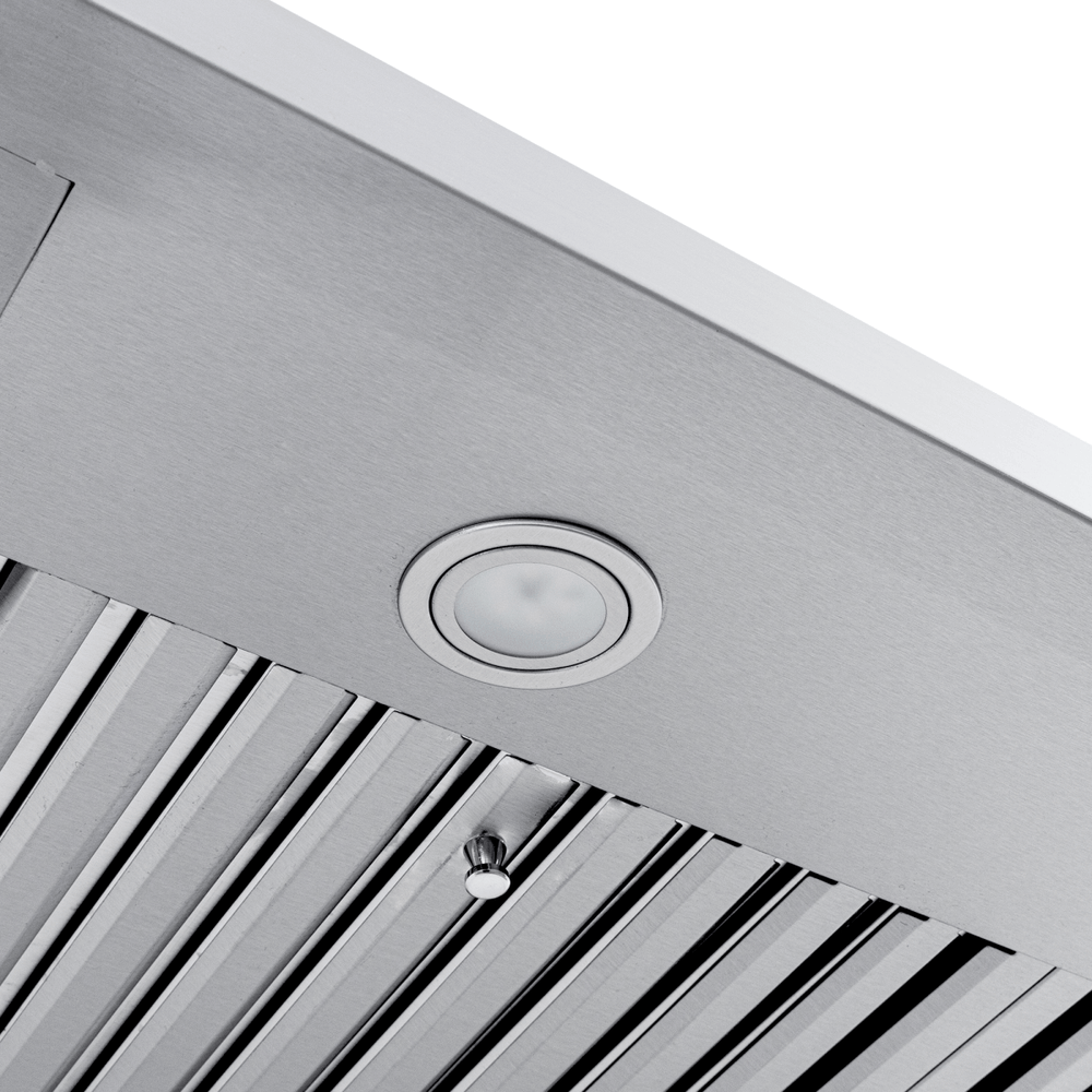 Close-up of Proline PLJW 133 stainless range hood, 900 CFM motor, lights, slatted filter. ProlineRangeHoods.com.