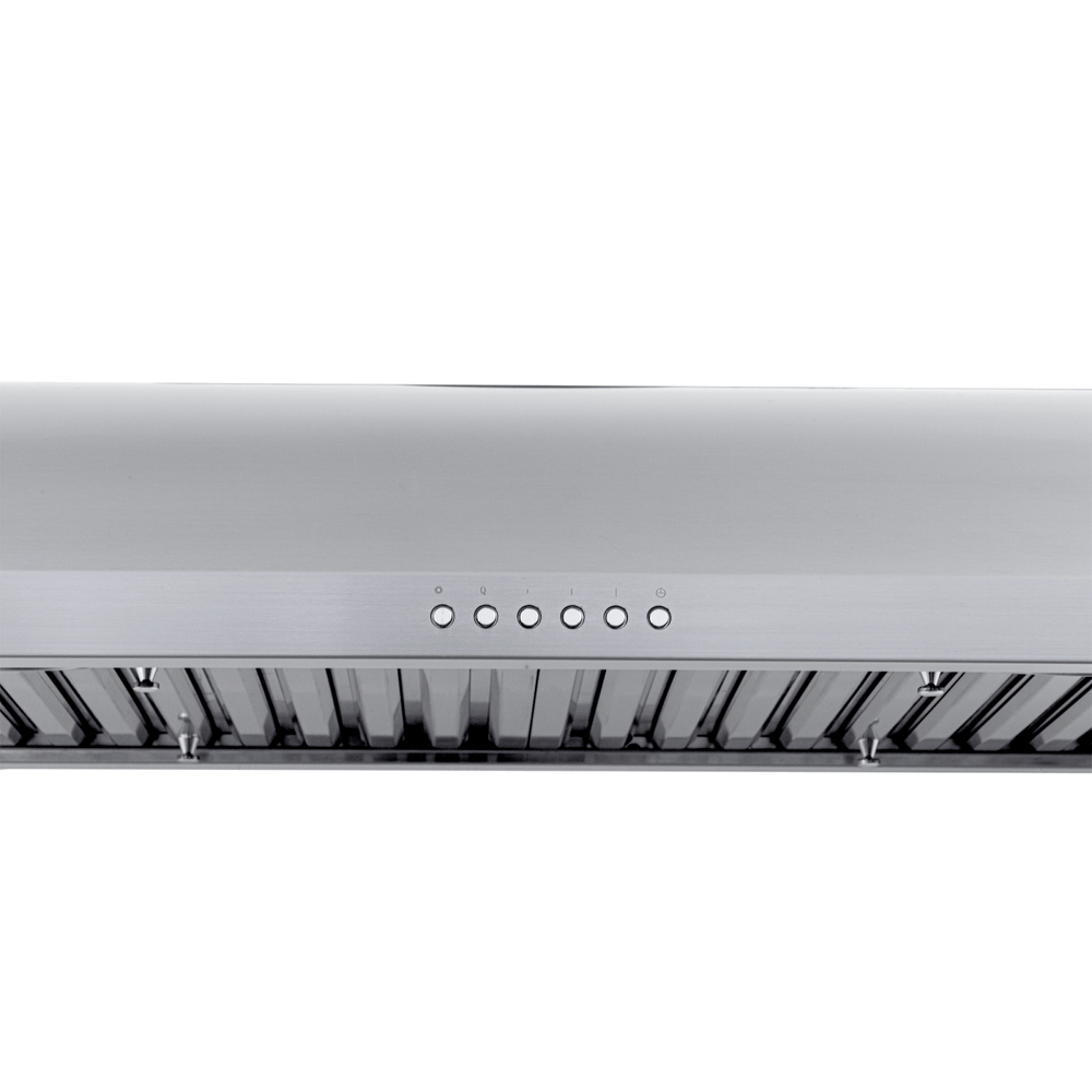 Close-up of Proline PLJW 133 Under-Cabinet Range Hood with vent slats, 5 buttons, stainless finish. ProlineRangeHoods.com.