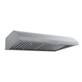 ProlineRangeHoods.com PLJW 133 stainless ductless under-cabinet hood, 900 CFM, buttons and vent slats, angled view.