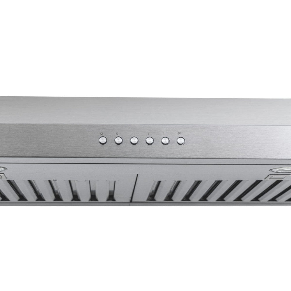 Close-up of Proline PLJW 185 Slim Under-Cabinet Range Hood, 600 CFM, stainless steel. ProlineRangeHoods.com.