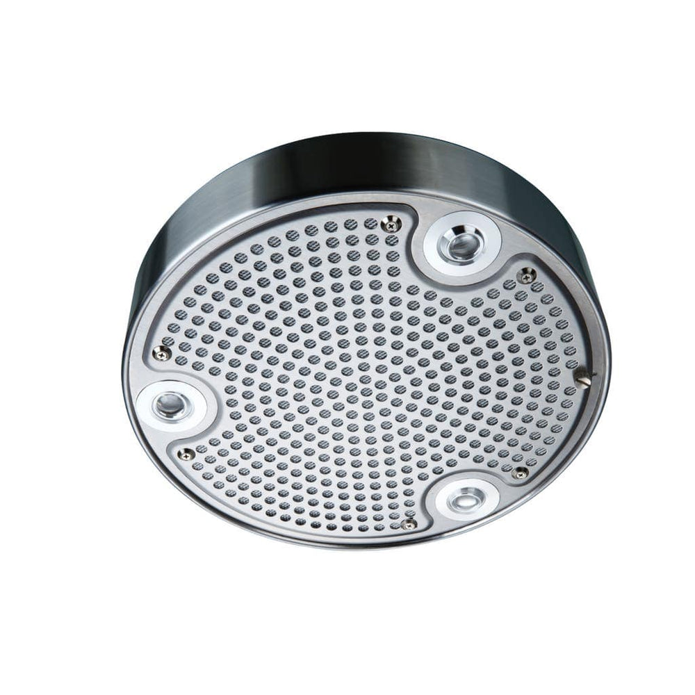 A sleek round metal showerhead with a finish like ProlineRangeHoods.com's PLSI 570, set against a pristine white background.