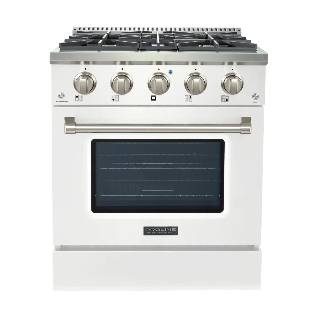 The Proline Range Hoods PLSR 30GG is a glossy white 30" gas range with five burners. ProlineRangeHoods.com.