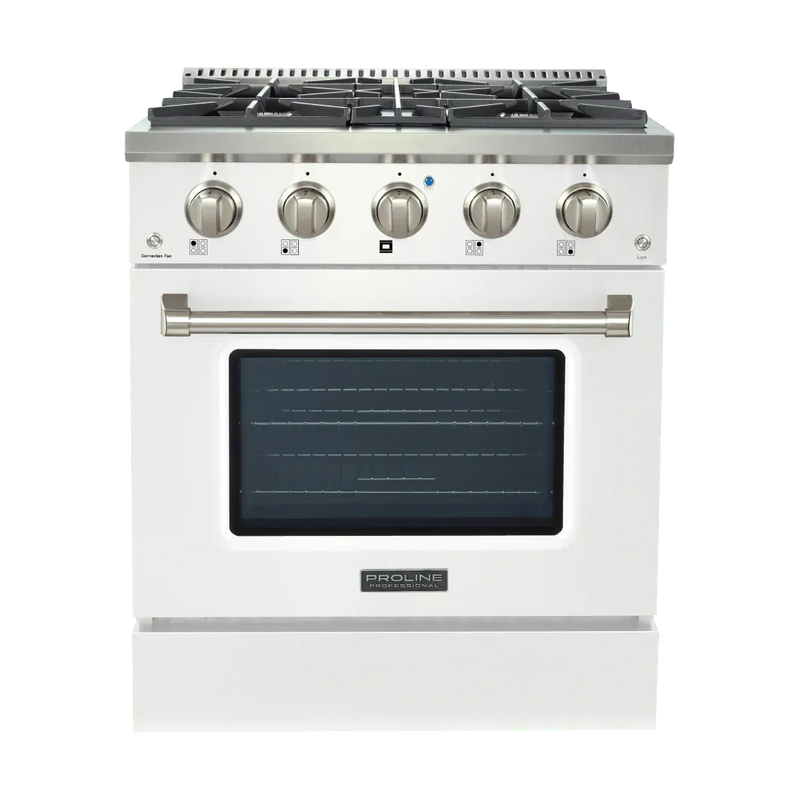 The Proline Range Hoods PLSR 30GG is a glossy white 30" gas range with five burners. ProlineRangeHoods.com.