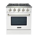 The Proline Range Hoods PLSR 30GG is a glossy white 30" gas range with five burners. ProlineRangeHoods.com.