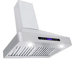 ProlineRangeHoods.com PLJW 130 wall-mounted range hood: stainless steel, 900 CFM, LED lighting, LCD touch controls.