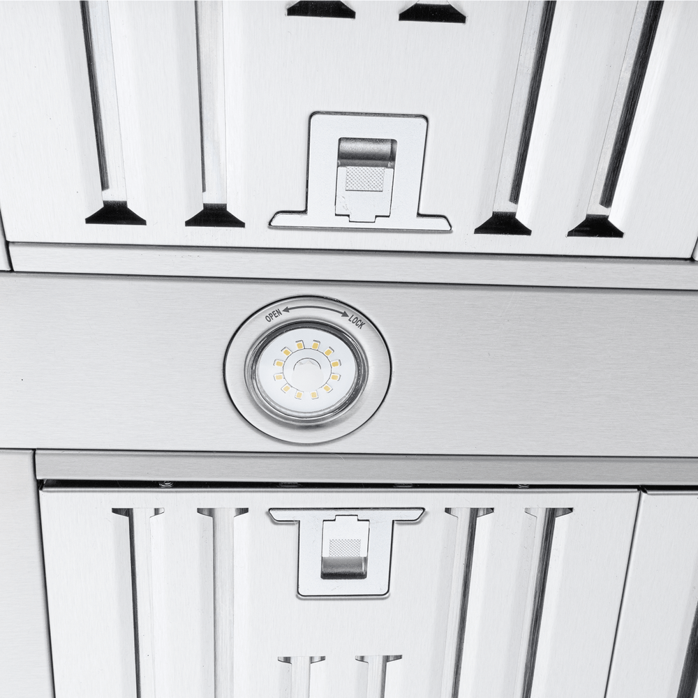 Proline ProSI Ducted Island Range Hood in stainless steel with dial, vent slats; 900/1800 CFM. ProlineRangeHoods.com.
