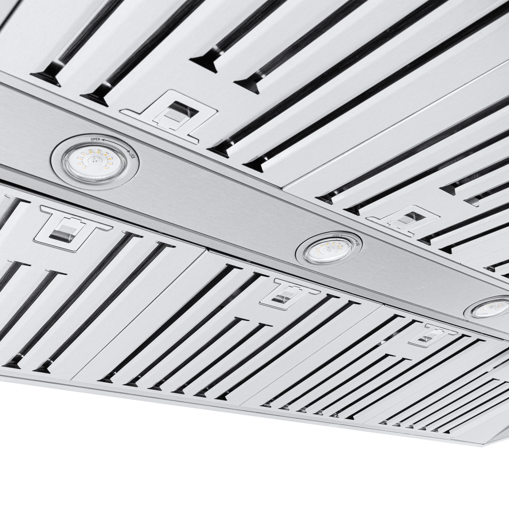Close-up of the ProSI Ducted Island Range Hood by Proline Range Hoods, 900/1800 CFM dual motors. ProlineRangeHoods.com.