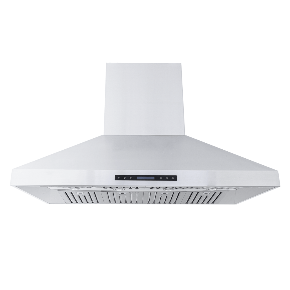 Proline ProSI Island Hood (900/1800 CFM, stainless steel) with digital panel on white. ProlineRangeHoods.com.