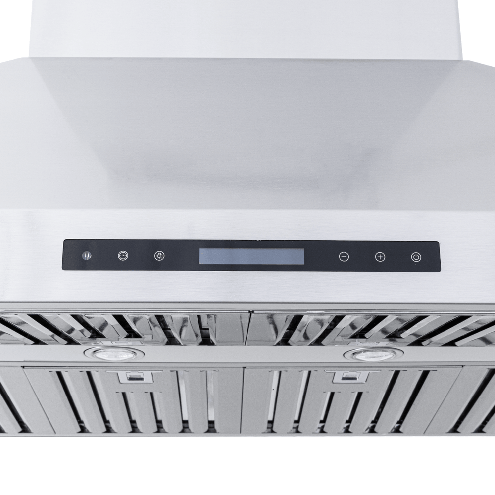 Proline Range Hoods ProSI Ducted Island Range Hood with dual motors, LED lights, stainless finish—ProlineRangeHoods.com.
