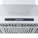 Proline PROSI Ducted Island Range Hood in stainless steel with LCD panel, dual motors, filters—ProlineRangeHoods.com.