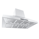 Proline PROSI Island Range Hood: stainless finish, dual motor vents, LCD touch panel; seen from below. ProlineRangeHoods.com.