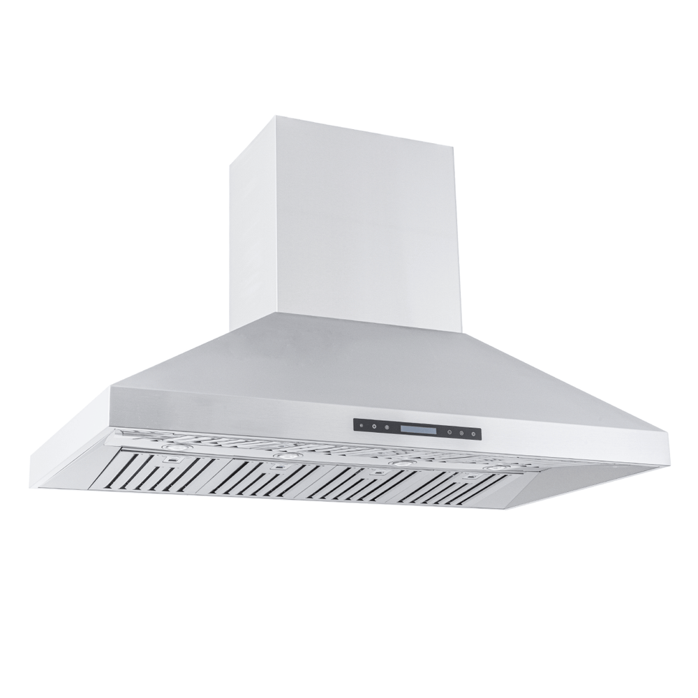 The Proline ProSI Island Hood with 900/1800 CFM dual motors in stainless steel; shown on white. ProlineRangeHoods.com.