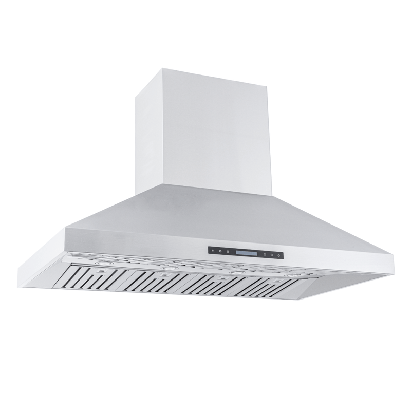 The Proline ProSI Island Hood with 900/1800 CFM dual motors in stainless steel; shown on white. ProlineRangeHoods.com.