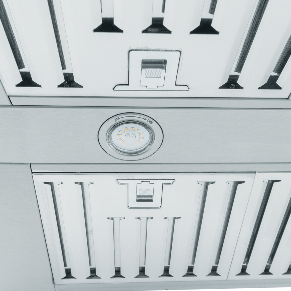 Close-up of ProSW Wall-Mounted Range Hood with stainless finish, 1800 CFM, LED lights, by ProlineRangeHoods.com.