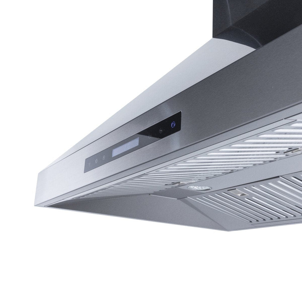 The ProlineRangeHoods.com Efficient Wall Range Hood, with 1800 CFM capacity and LED lights, shines in stainless steel.
