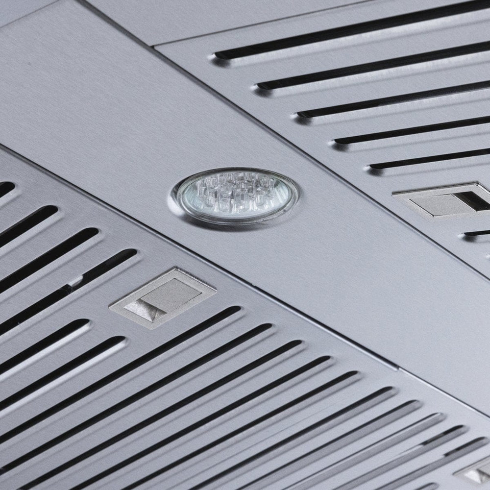Close-up of ProlineRangeHoods.com's Efficient Wall Range Hood with 1800 CFM, stainless steel finish, vents, and LED lighting.