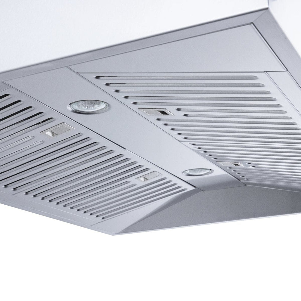 Close-up of the ProlineRangeHoods.com Efficient Wall Range Hood in sleek stainless steel, featuring vent grilles and LED lighting with 1800 CFM.