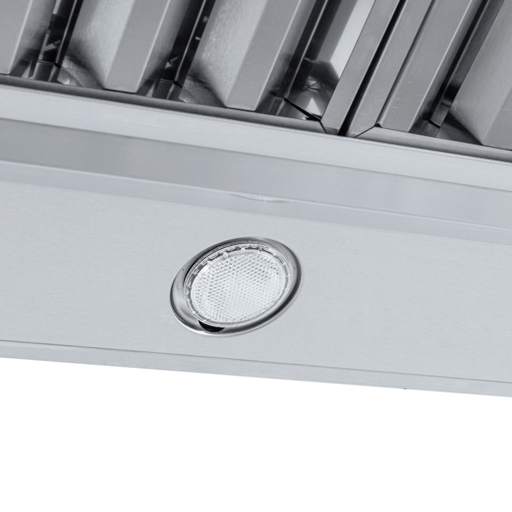 Close-up of Proline ProVI ducted island range hood in stainless steel, circular light, outdoor finish. ProlineRangeHoods.com.