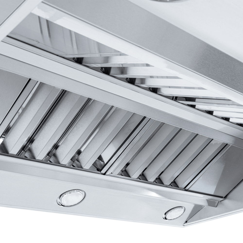 Proline ProVI Ducted Island Range Hood with stainless steel, lights, filters, outdoor finish. ProlineRangeHoods.com.