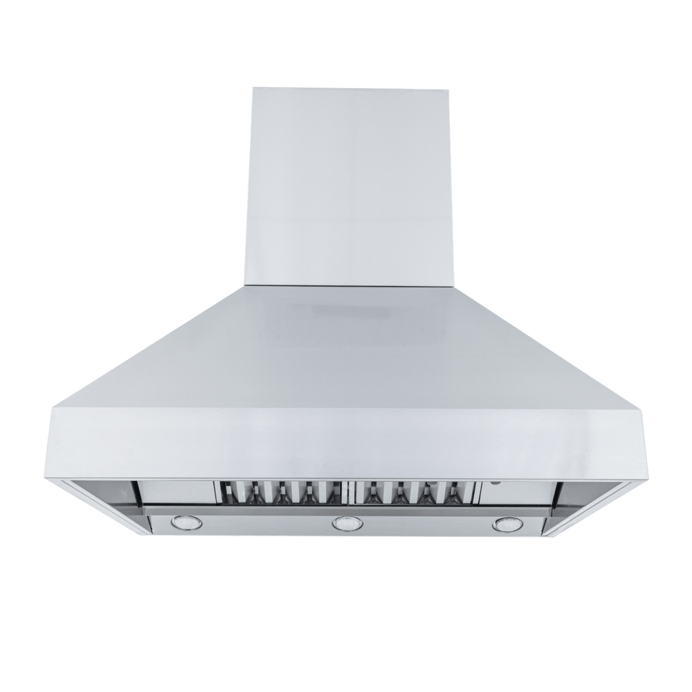 ProlineRangeHoods.com ProVI Ducted Island Range Hood in stainless steel, front view with vent filters and built-in lights.