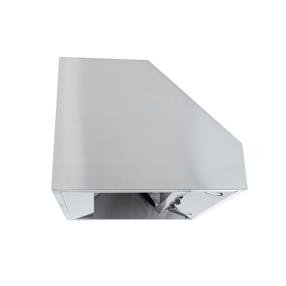 The Proline Range Hoods ProVW Under-Cabinet, outdoor finish in stainless steel, viewed from below. ProlineRangeHoods.com.