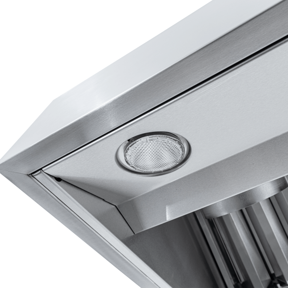 Close-up of Proline Range Hoods ProVW ducted under-cabinet hood, stainless steel, CFM options. ProlineRangeHoods.com.