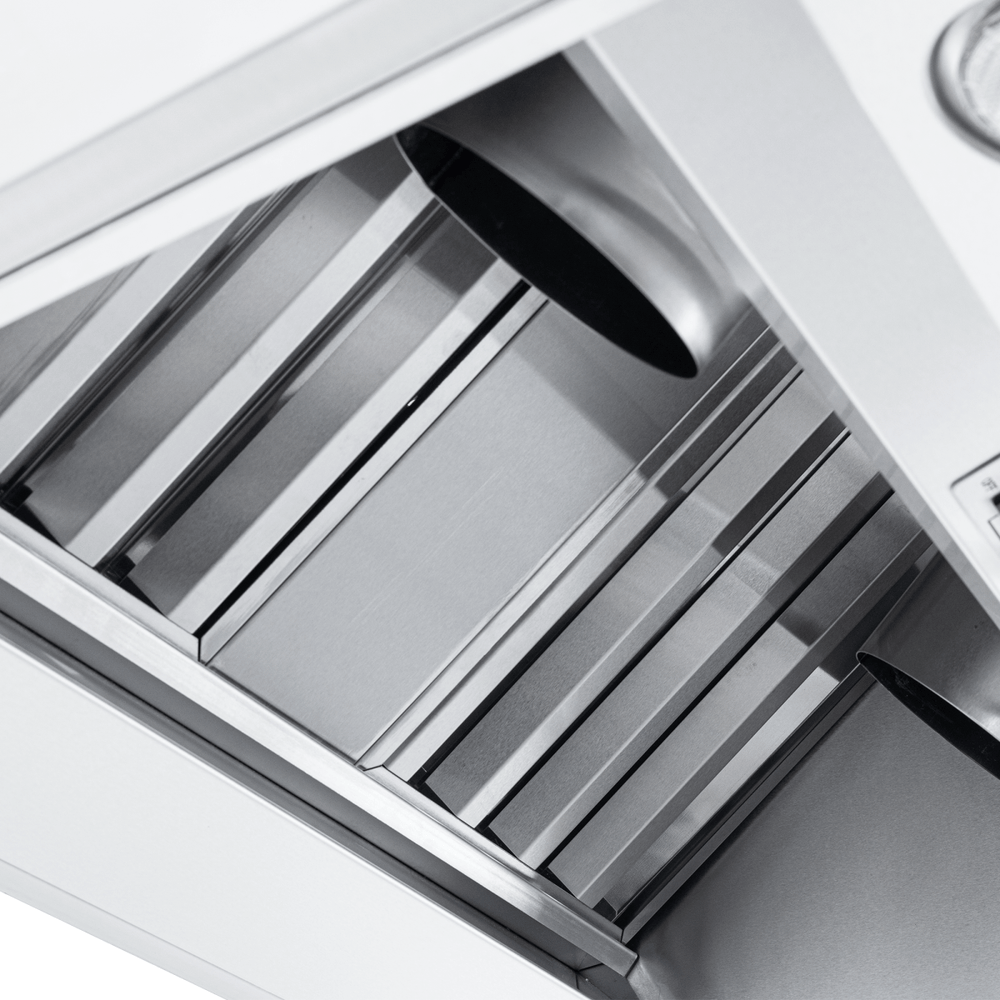 Close-up of ProVW under-cabinet range hood filter, sleek stainless steel, at ProlineRangeHoods.com, for modern kitchens.