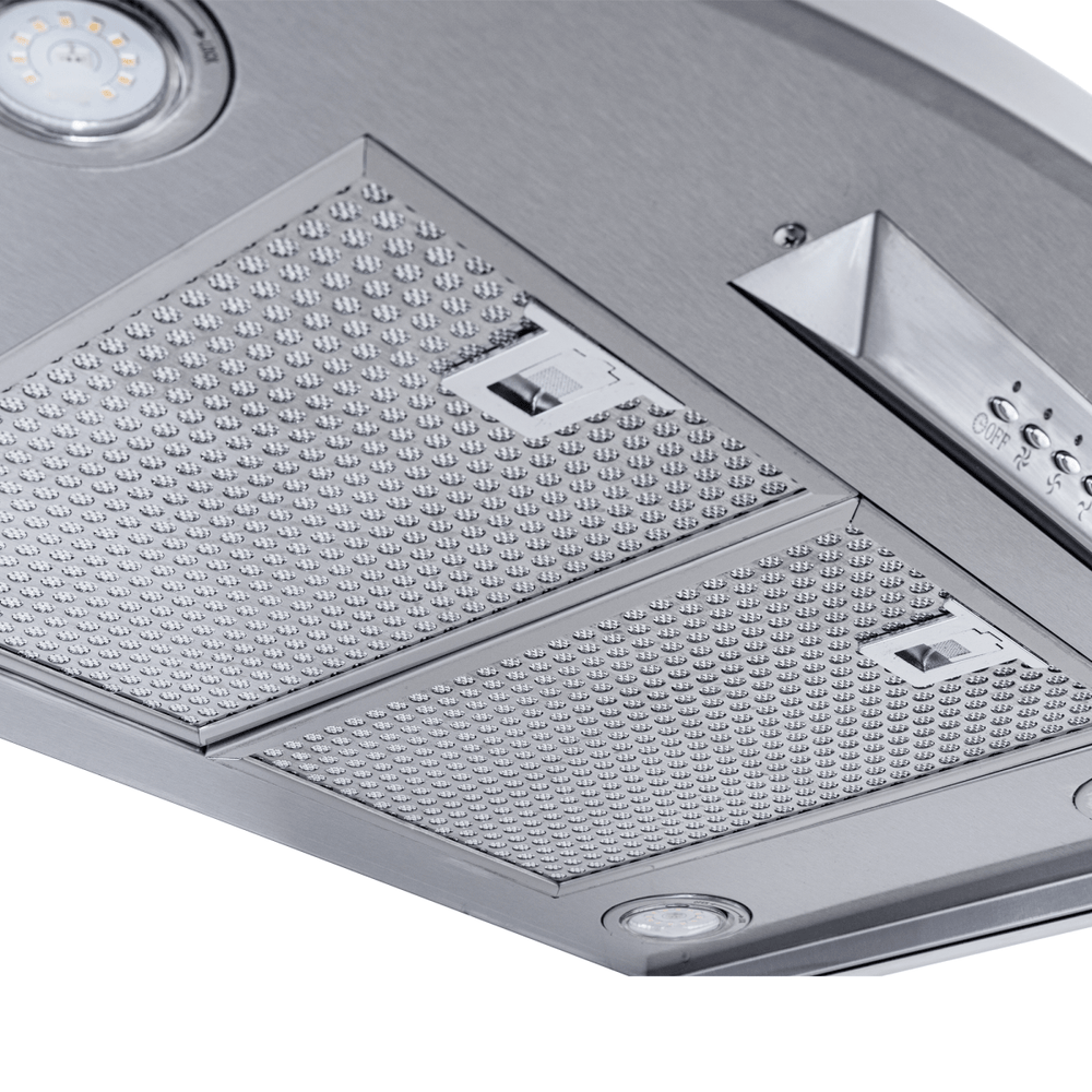 Close-up of Proline Vector Ducted Wall-Mounted Range Hood with stainless finish, mesh filters, 600 CFM at ProlineRangeHoods.com.