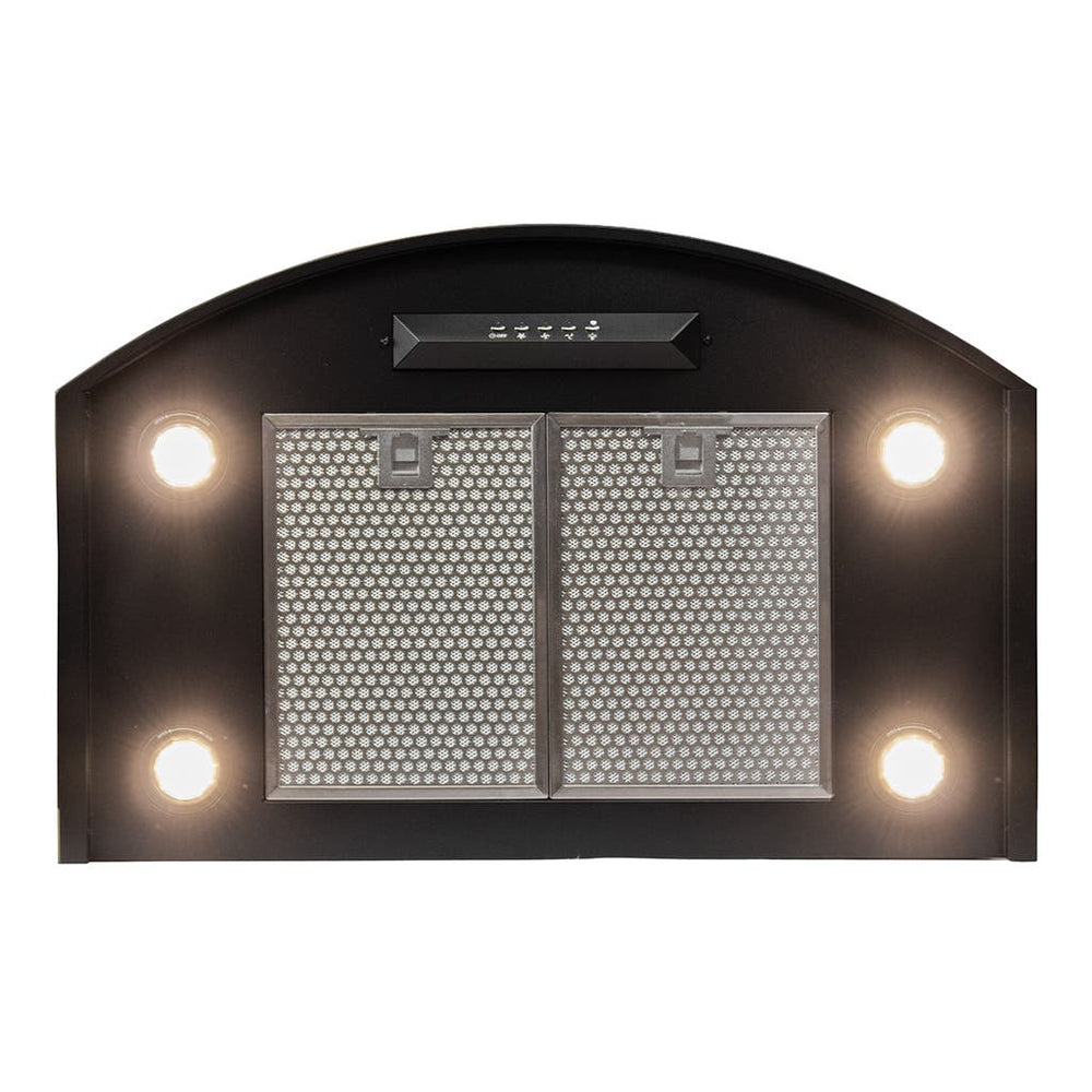 The Proline Vector Wall Mounted Range Hood from ProlineRangeHoods.com, in sleek black, has a single motor with ducted exclusive config—equipped with 4 lights and 2 metal mesh filters.