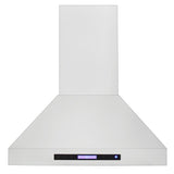 Stainless steel, wall-mounted kitchen range hood with LCD touch panel and chimney from ProlineRangeHoods.com.