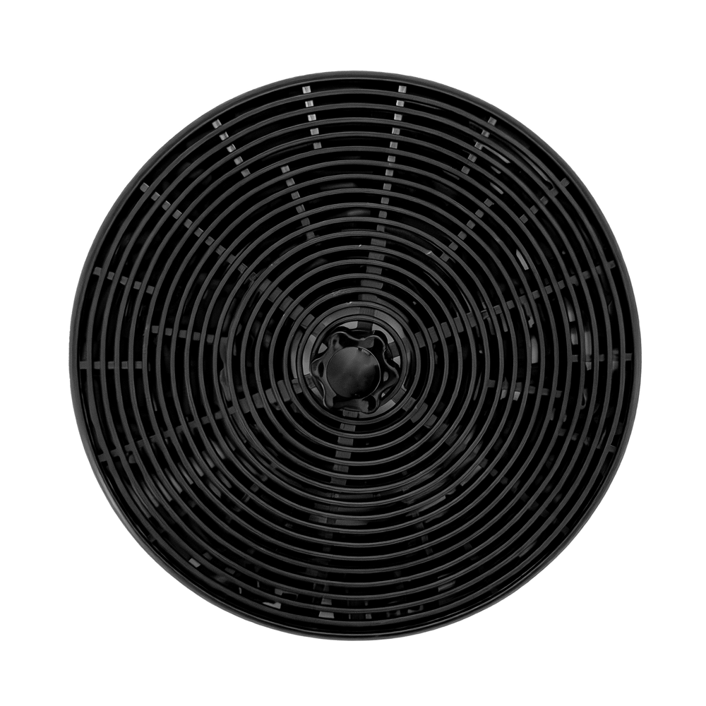 Circular black charcoal filters for ProlineRangeHoods.com models PLSW/PLSI 520 & 543 with a central locking knob.