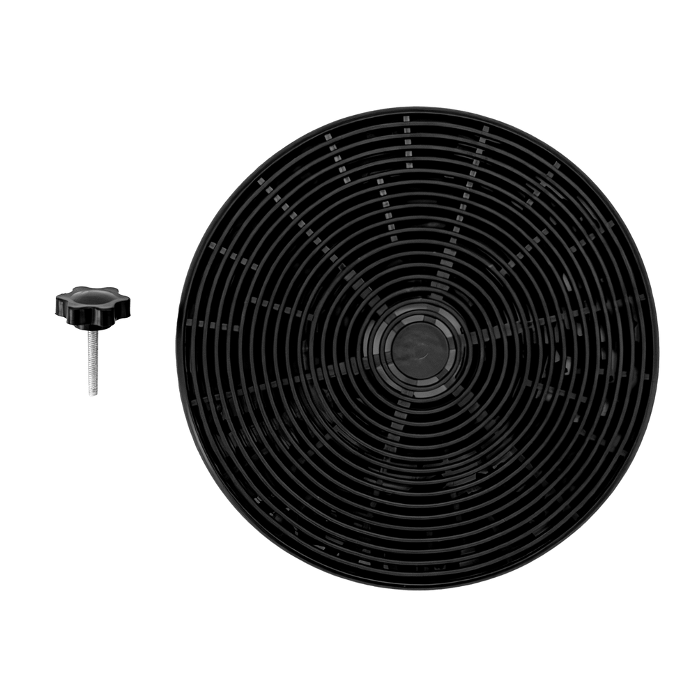 Round black Charcoal Filters for PLSW/PLSI 520/543 with threaded knob. Available at ProlineRangeHoods.com.