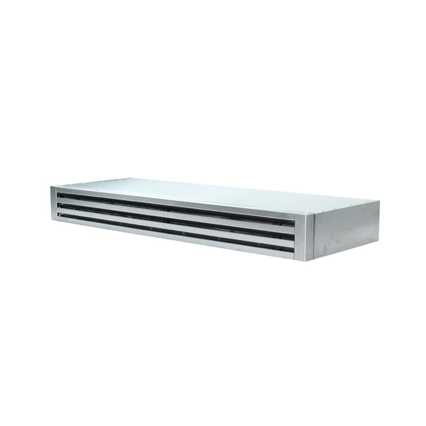 Silver metal air curtain with horizontal slats, ideal for above-doorways, complements ProlineRangeHoods.com Recirculating Kit.