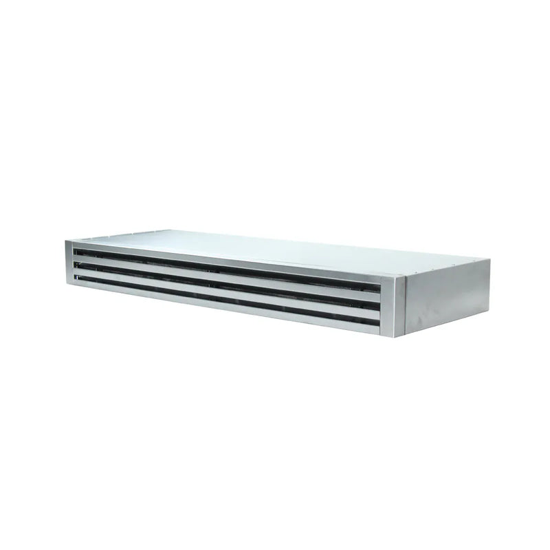 Silver metal air curtain with horizontal slats, ideal for above-doorways, complements ProlineRangeHoods.com Recirculating Kit.