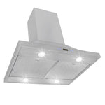 Viewed from a low angle, the Proline PLFI 520 Island Range Hood by ProlineRangeHoods.com features a sleek stainless steel finish.